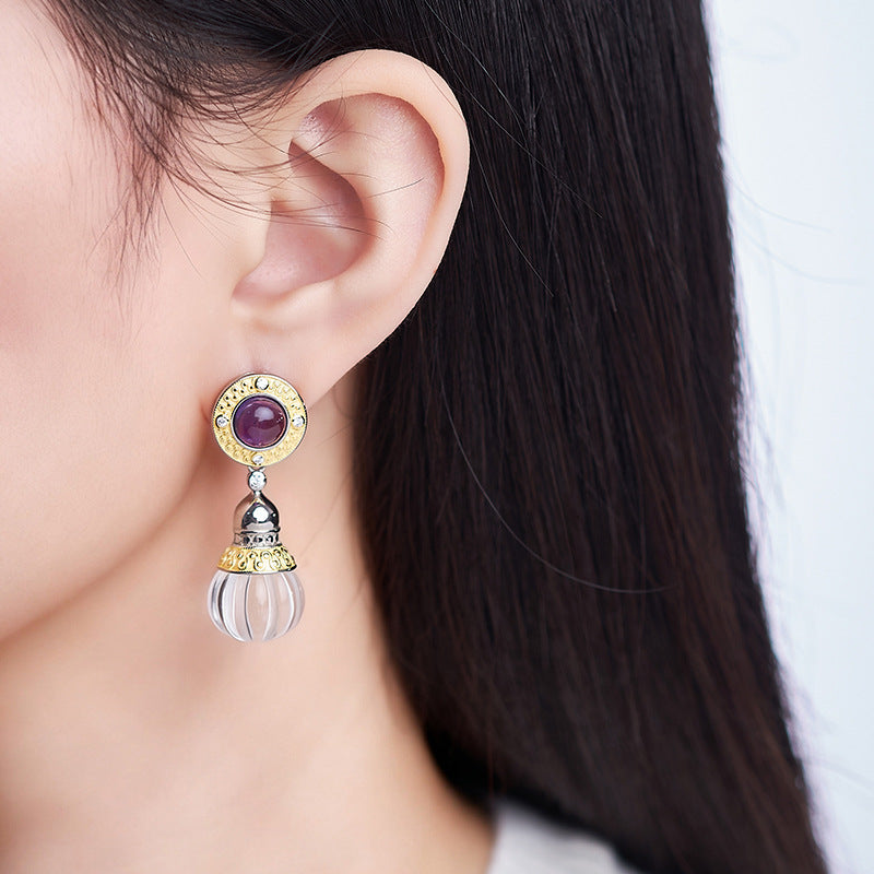 S925 silver natural crystal pumpkin bead earrings retro Italian craftsmanship temperament medieval earrings women