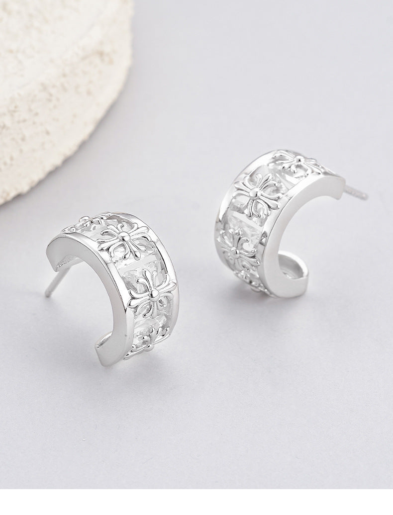 925 Sterling Silver Cross Pattern C-Shape Crystal Stud Earrings