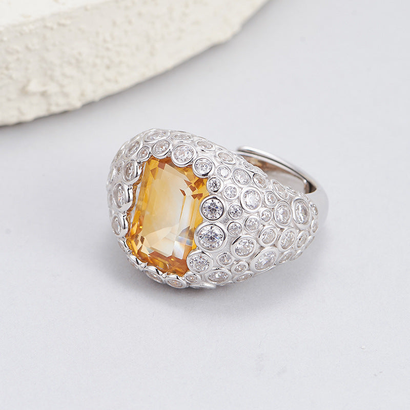 S925 silver super flash full diamond natural citrine ring heavy industry personalized design open index finger ring