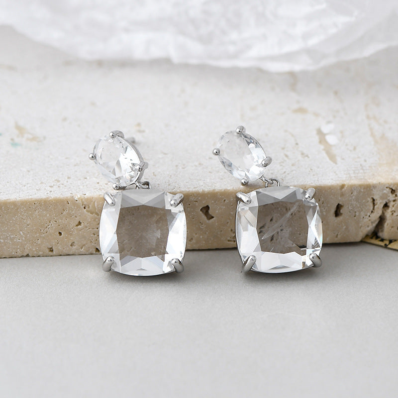 925 Sterling Silver Square Crystal Stud Earrings - Minimalist Design