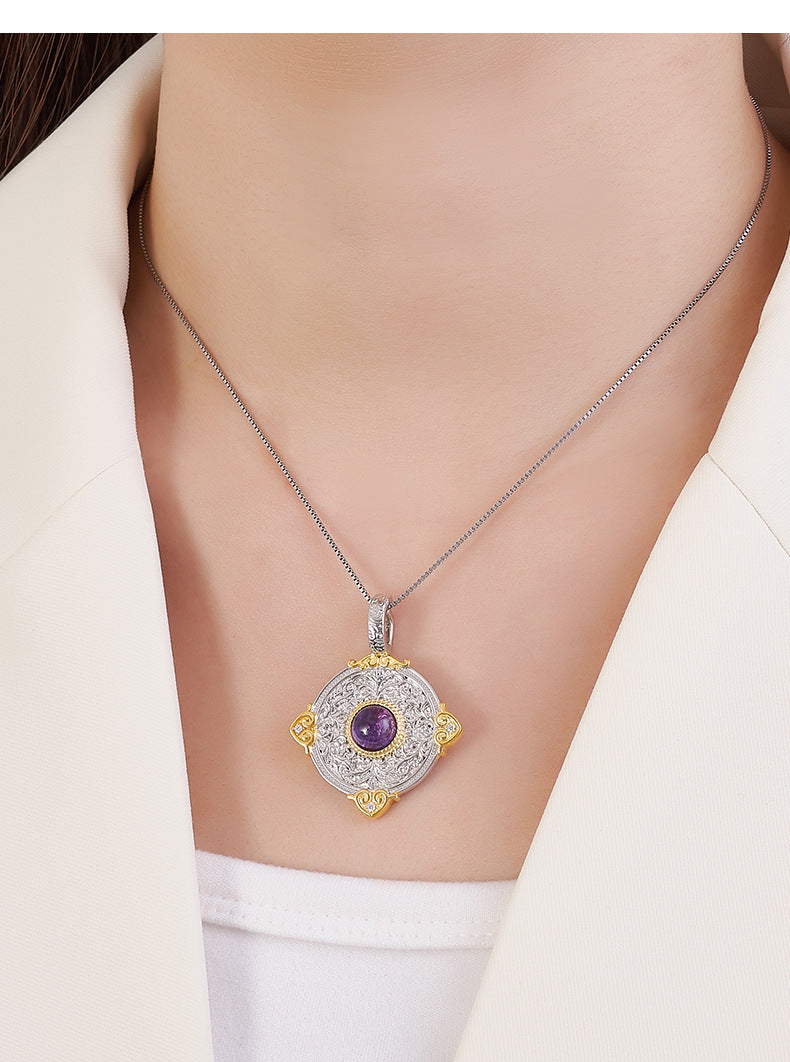 925 Sterling Silver Amethyst Double-Sided Round Pendant Necklace - Chinese Style