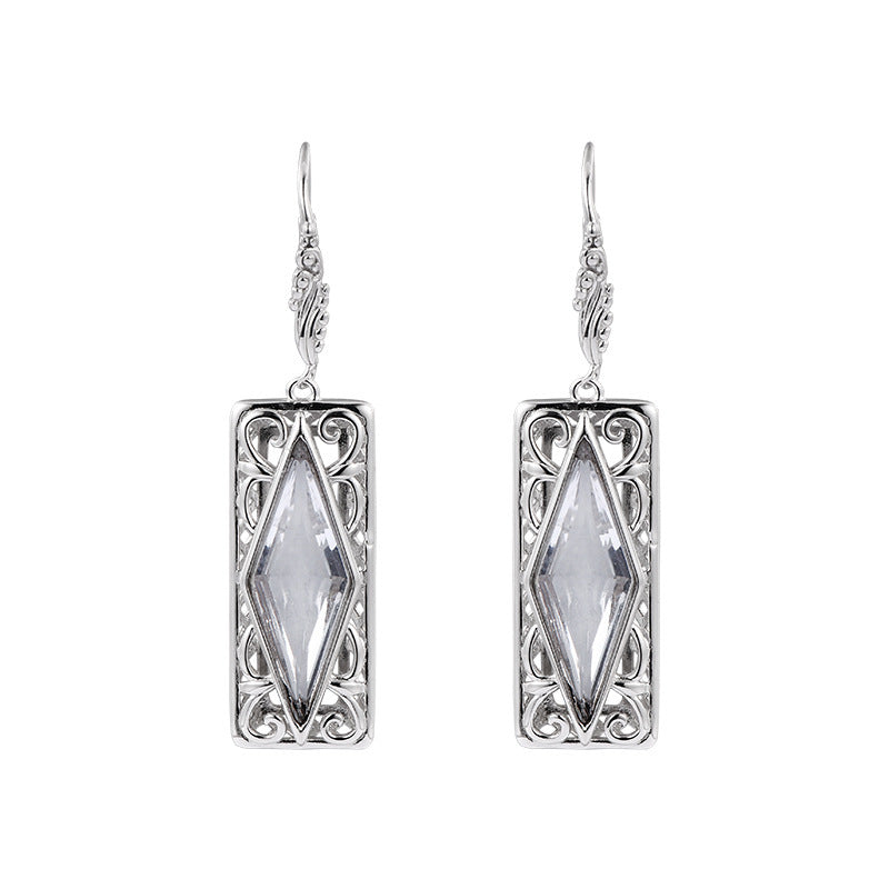 925 Sterling Silver Diamond-Shaped White Crystal Earrings - Court Style