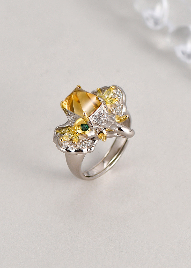 Elephant Citrine Ring - 925 Sterling Silver Adjustable Band with Micro-Pavé Detail