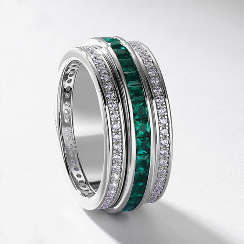 S925 Sterling Silver Rotatable Cultivated Emerald Ring Gold Plated