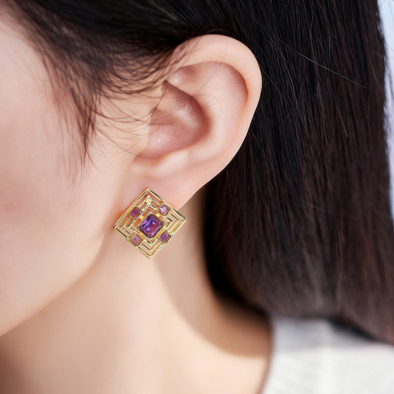 S925 silver natural amethyst stud earrings hollow rhombus high-end temperament versatile earrings light luxury
