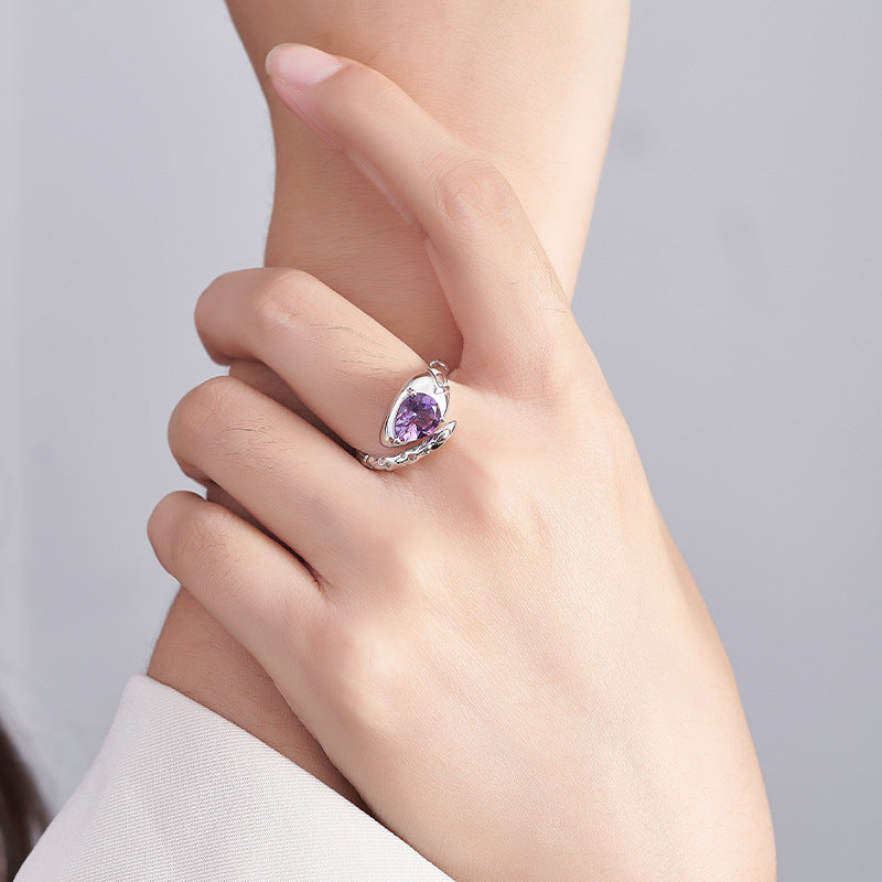 Serpent Amethyst Ring - 925 Sterling Silver Adjustable Band with Teardrop Stone