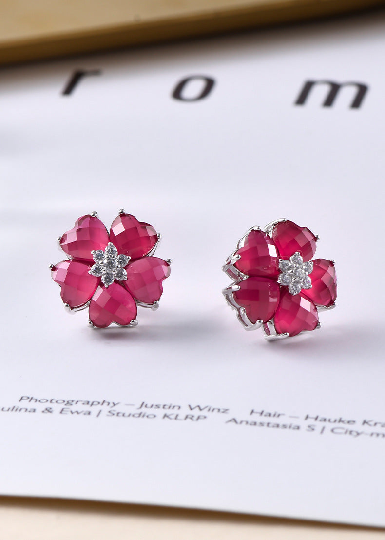 S925 silver heart-shaped redstone stud earrings fashion light luxury simple flower niche gemstone earrings women