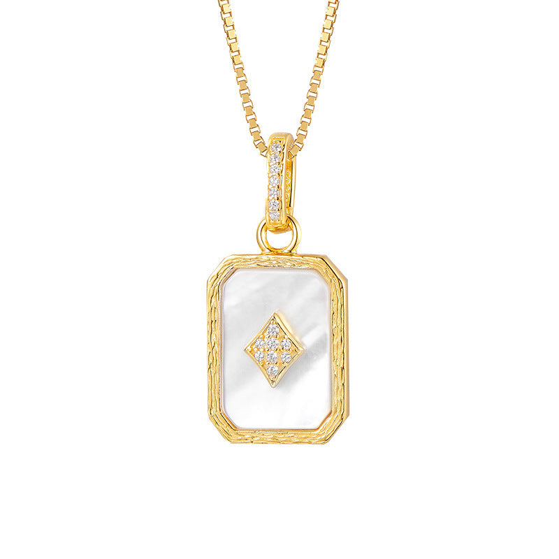 S925 silver-plated hemming inlaid shell pendant light luxury niche design playing card pendant collarbone necklace women