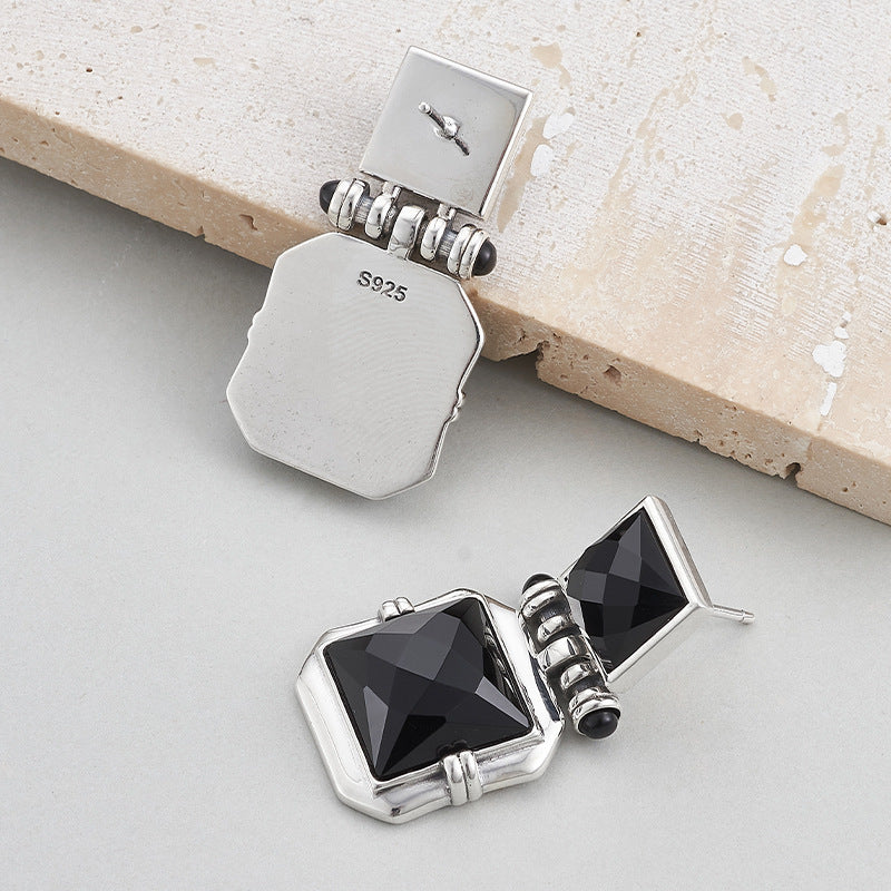 925 Sterling Silver Square Faceted Black Onyx Stud Earrings