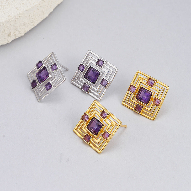 S925 silver natural amethyst stud earrings hollow rhombus high-end temperament versatile earrings light luxury