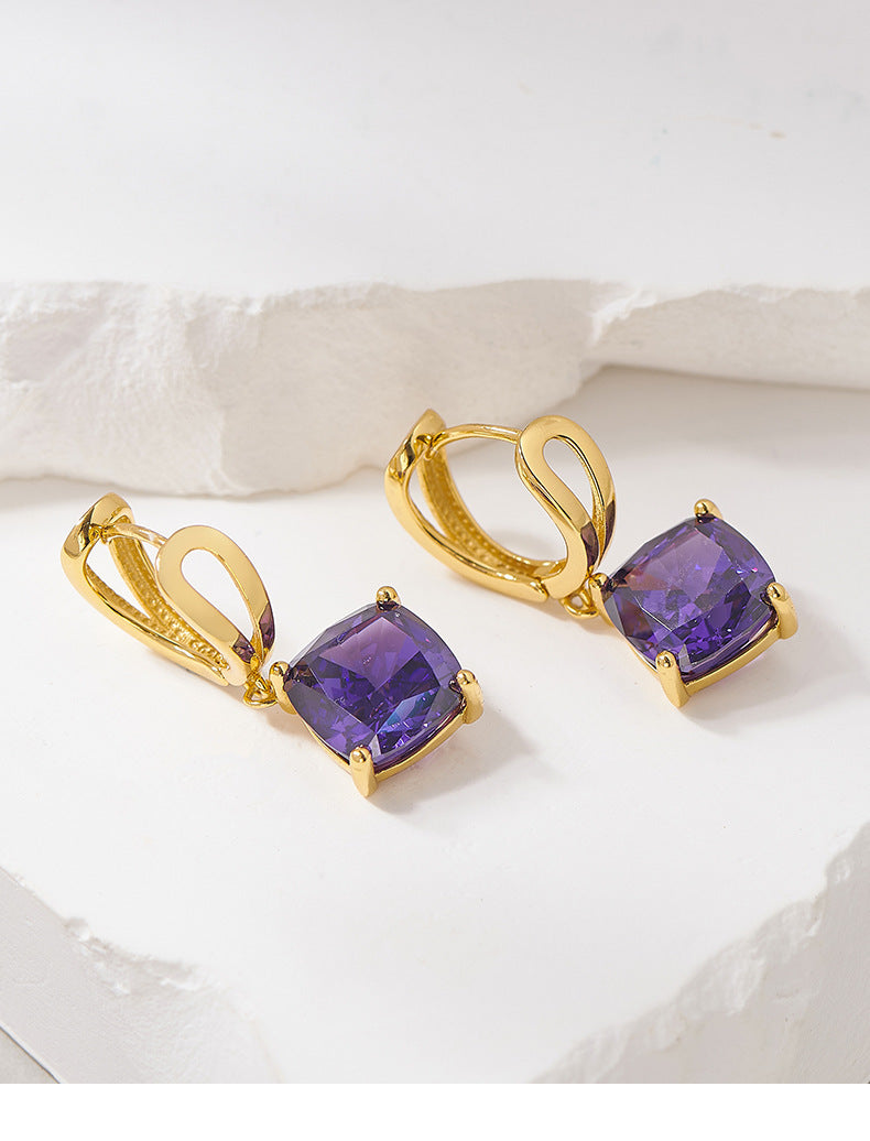 925 Sterling Silver Gold Plated Geometric Purple Stone Dangle Earrings - French Vintage