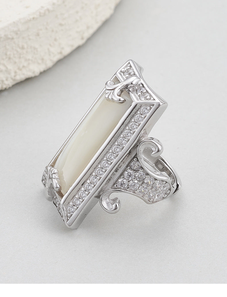 925 Sterling Silver White Shell Rectangular Ring with Crystals