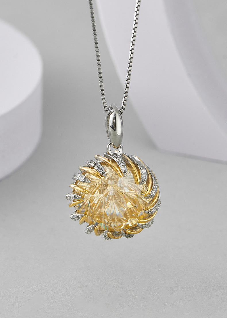 Two-Tone Floral Bud Pendant - 925 Sterling Silver with Yellow Gemstone & Pavé Crystals
