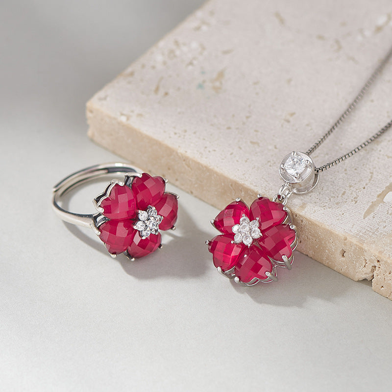 S925 silver heart-shaped redstone stud earrings fashion light luxury simple flower niche gemstone earrings women