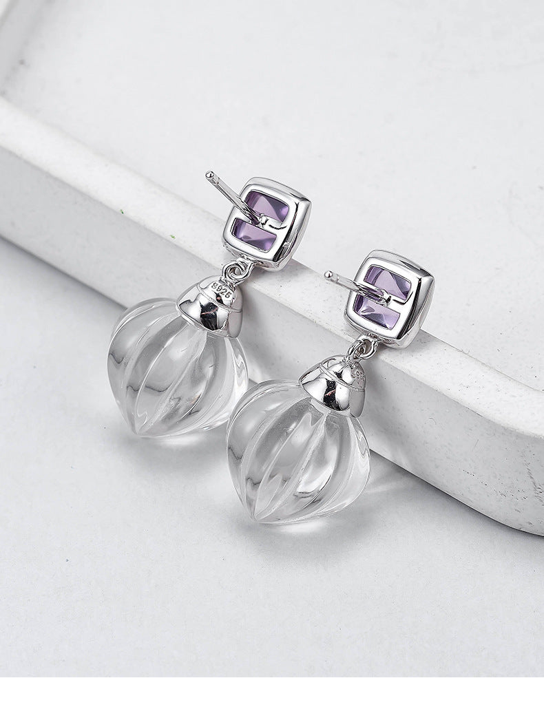 Pumpkin Bead Crystal Stud Earrings - 925 Sterling Silver with White Quartz & Amethyst