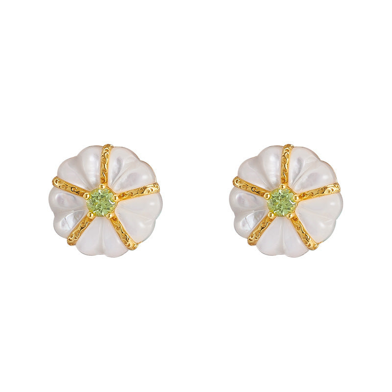 925 Sterling Silver White Shell Peridot Flower Stud Earrings - French Vintage