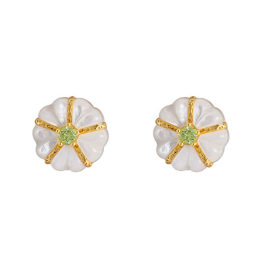 925 Sterling Silver White Shell Peridot Flower Stud Earrings - French Vintage