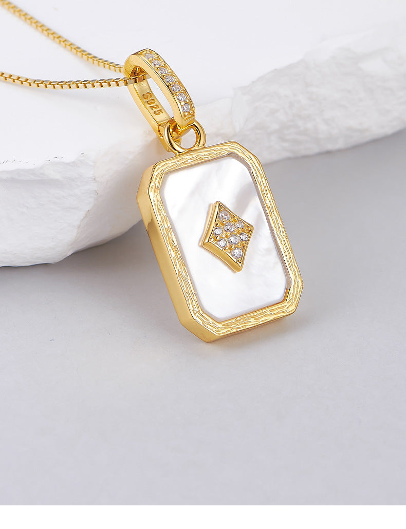 S925 silver-plated hemming inlaid shell pendant light luxury niche design playing card pendant collarbone necklace women
