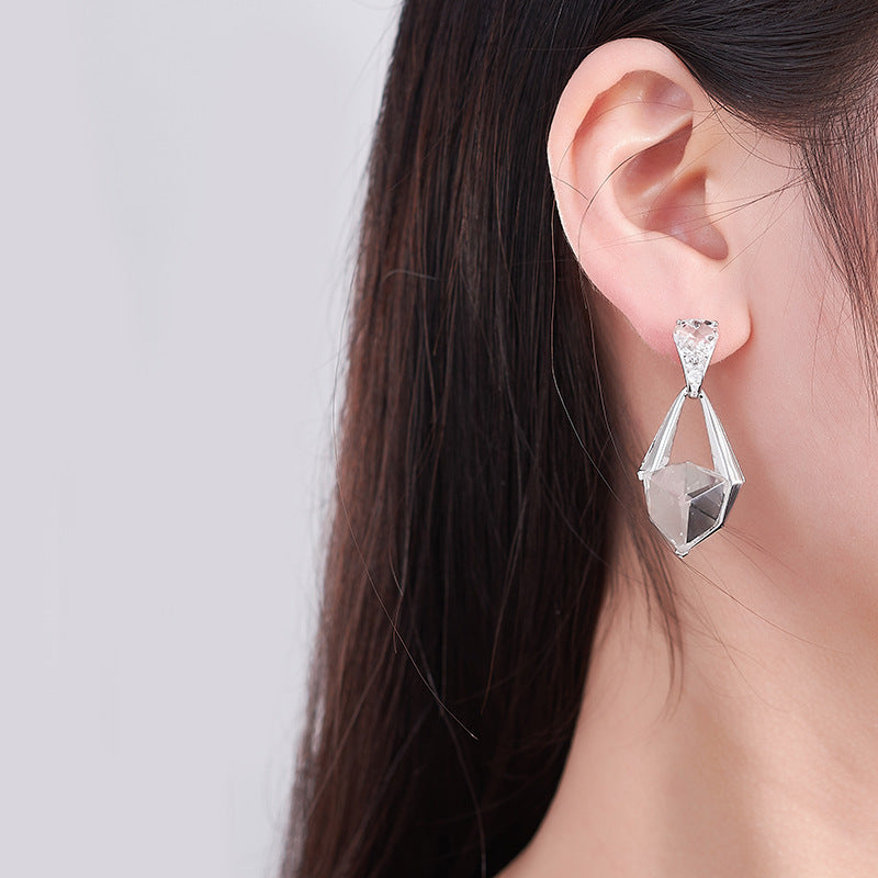 925 Sterling Silver Faceted White Crystal Geometric Dangle Earrings