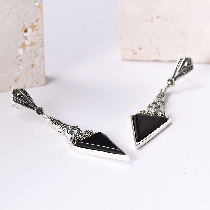 Statement Diamond-Shaped Earrings - 925 Sterling Silver with Black Onyx Triangle Accents