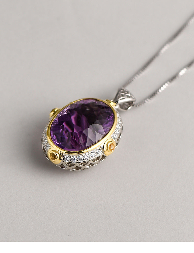Oval Natural Amethyst Pendant - 925 Silver Niche Design - Fashionable Collarbone Chain