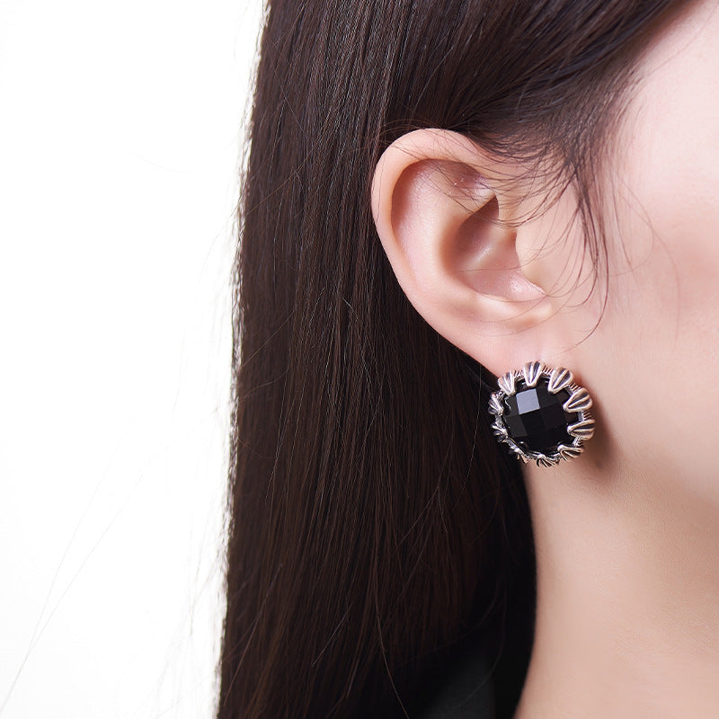 925 Sterling Silver Faceted Black Onyx Round Hoop Earrings