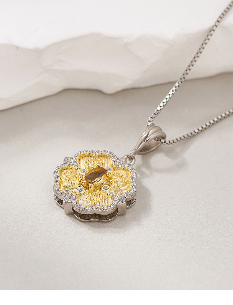 925 Sterling Silver Citrine Lace Pendant Necklace - Elegant Design