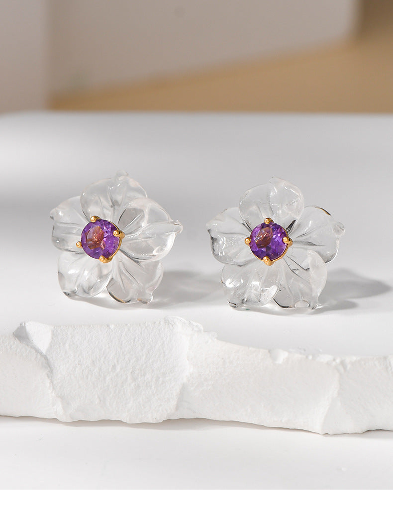 3D Flower Crystal Stud Earrings - 925 Silver Inlaid - Simple Temperament Fresh Design