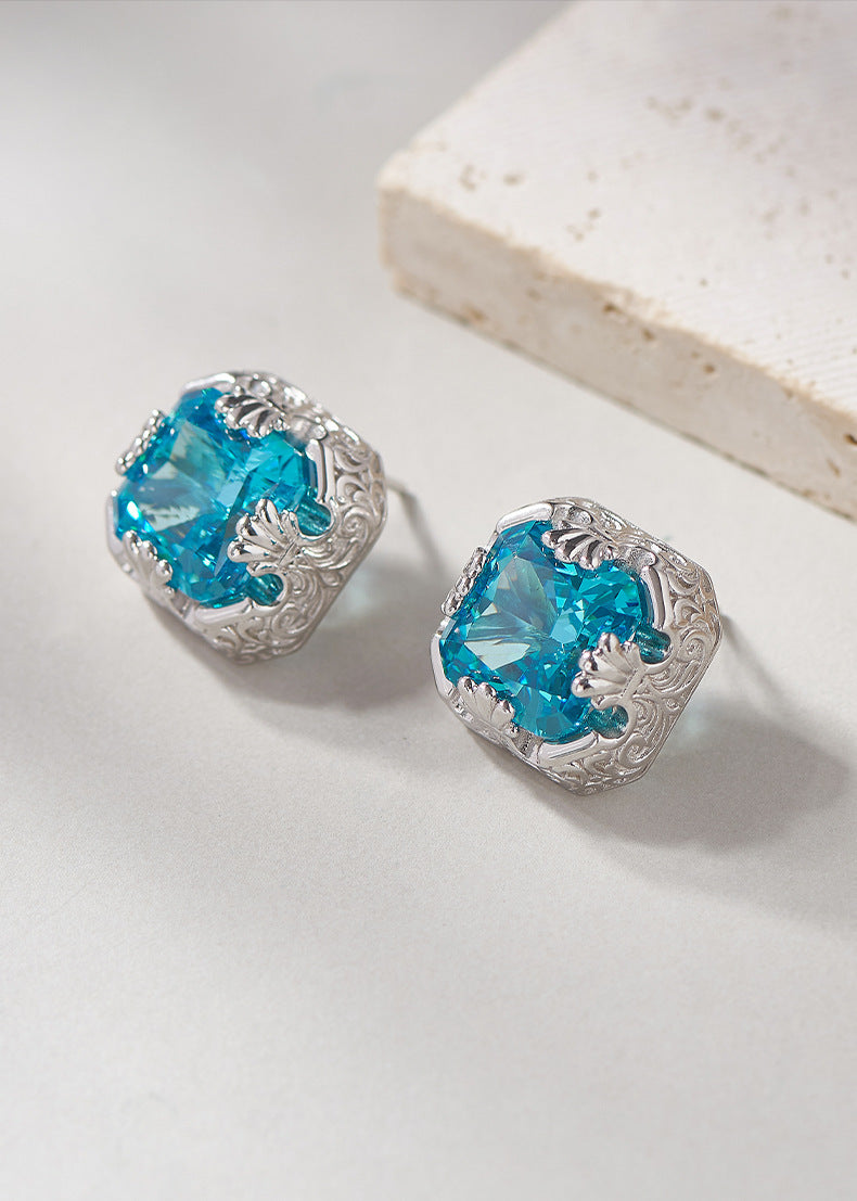 925 Sterling Silver French Vintage Aquamarine Square Stud Earrings