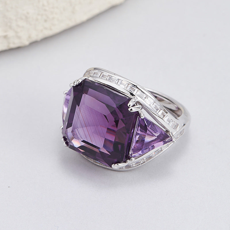Natural Amethyst Geometric Ring - 925 Silver Flash Diamond - Statement Index Finger Ring