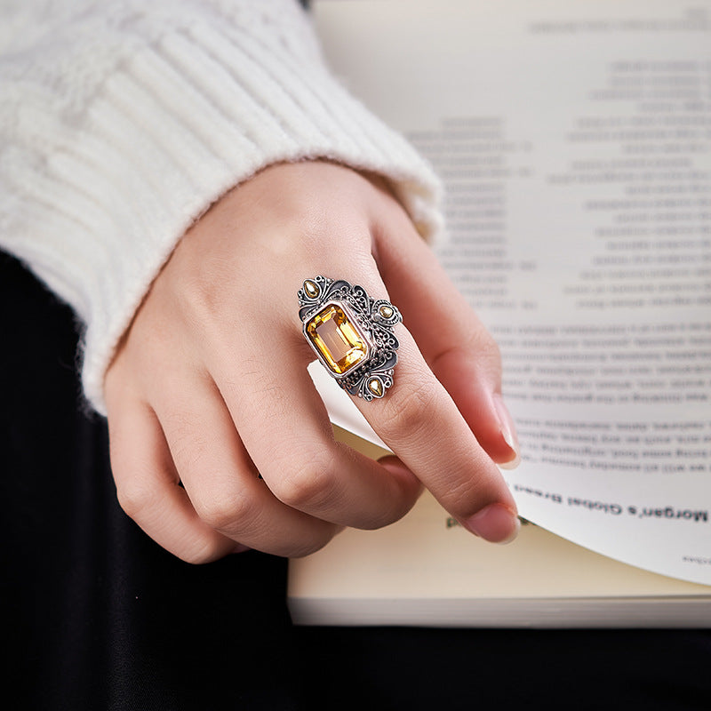 Retro Rhombus Citrine Ring - 925 Silver Copper Inlaid - Nepalese Niche Design