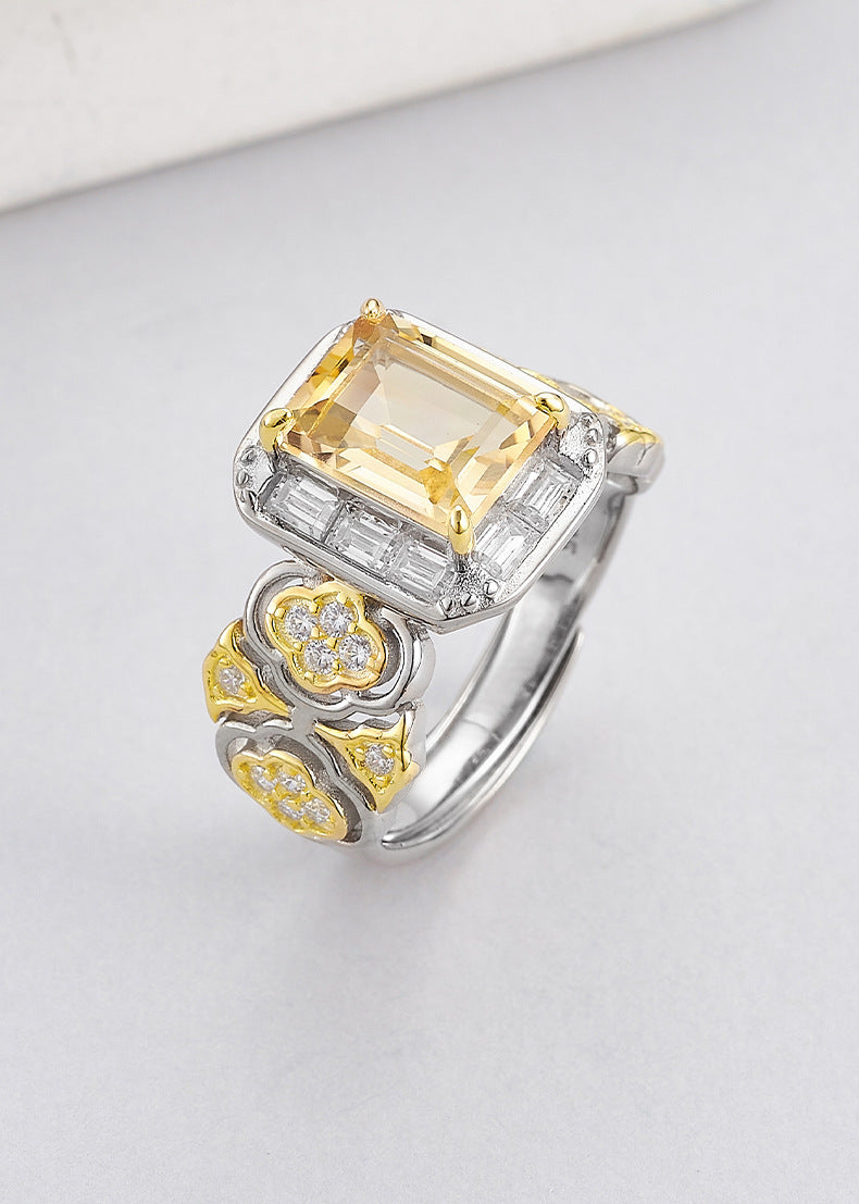 Hollow Flower Citrine Ring - 925 Silver Italian Craft - Geometric Opening Index Finger Ring