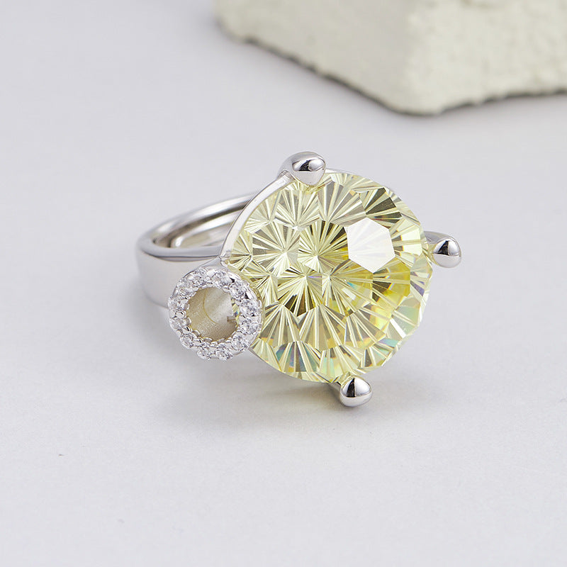 S925 silver light luxury niche design cutting surface round green crystal open ring versatile woman