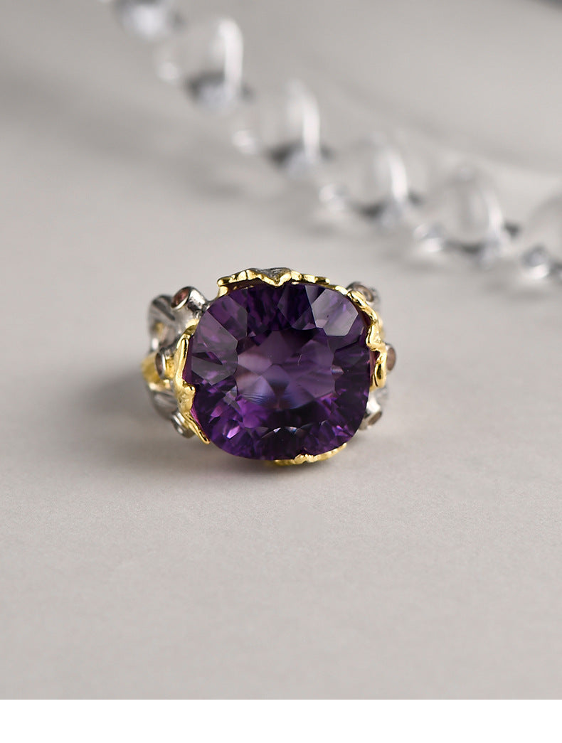Retro Court Amethyst Ring - 925 Silver Gold-Plated Weave - Heavy Industry Statement Ring