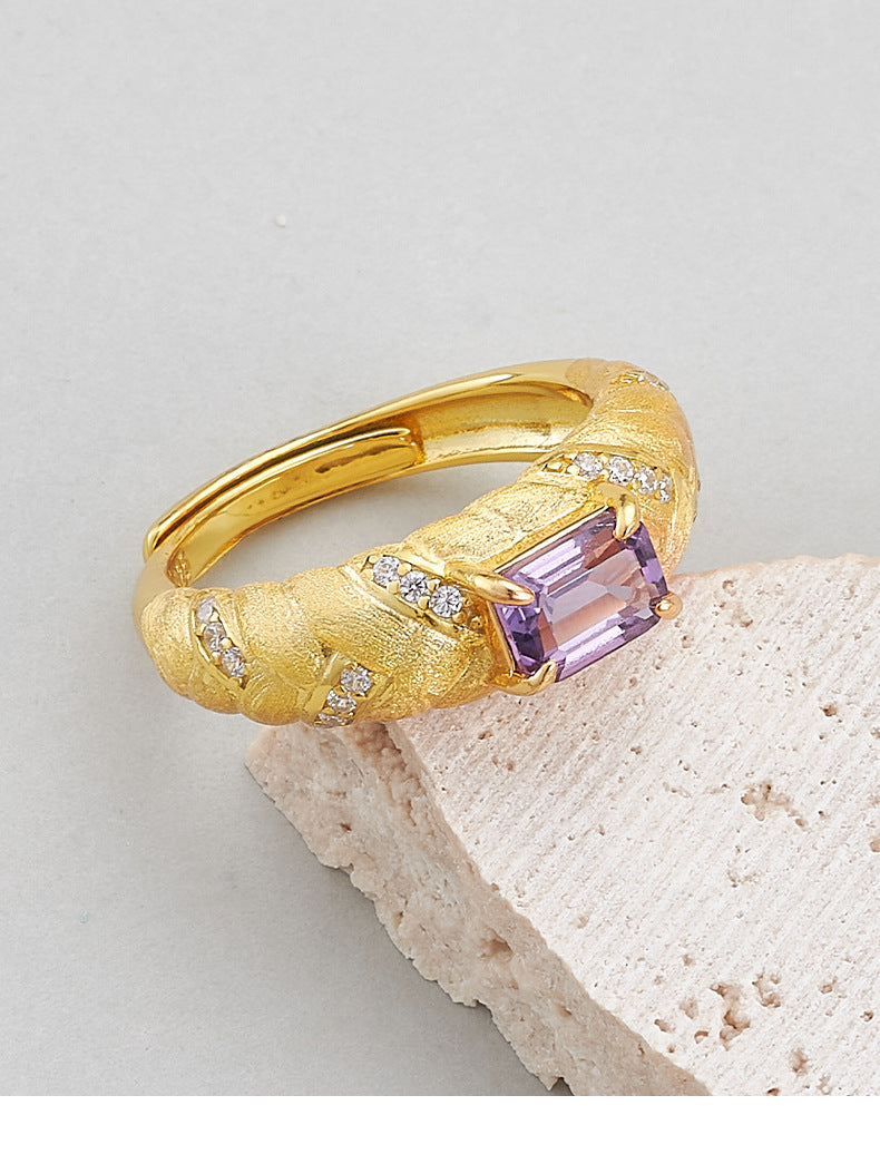 925 Sterling Silver Gold Plated Textured Amethyst Ring - Vintage Design