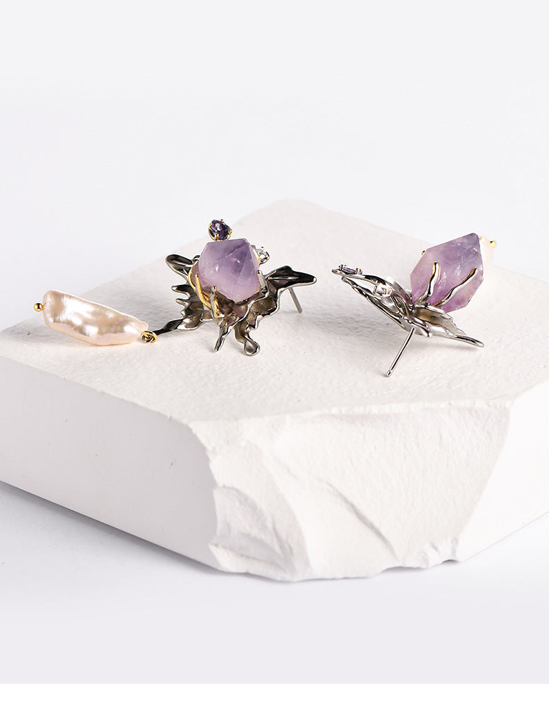 925 Sterling Silver Amethyst Stud Earrings - Baroque Vintage Design