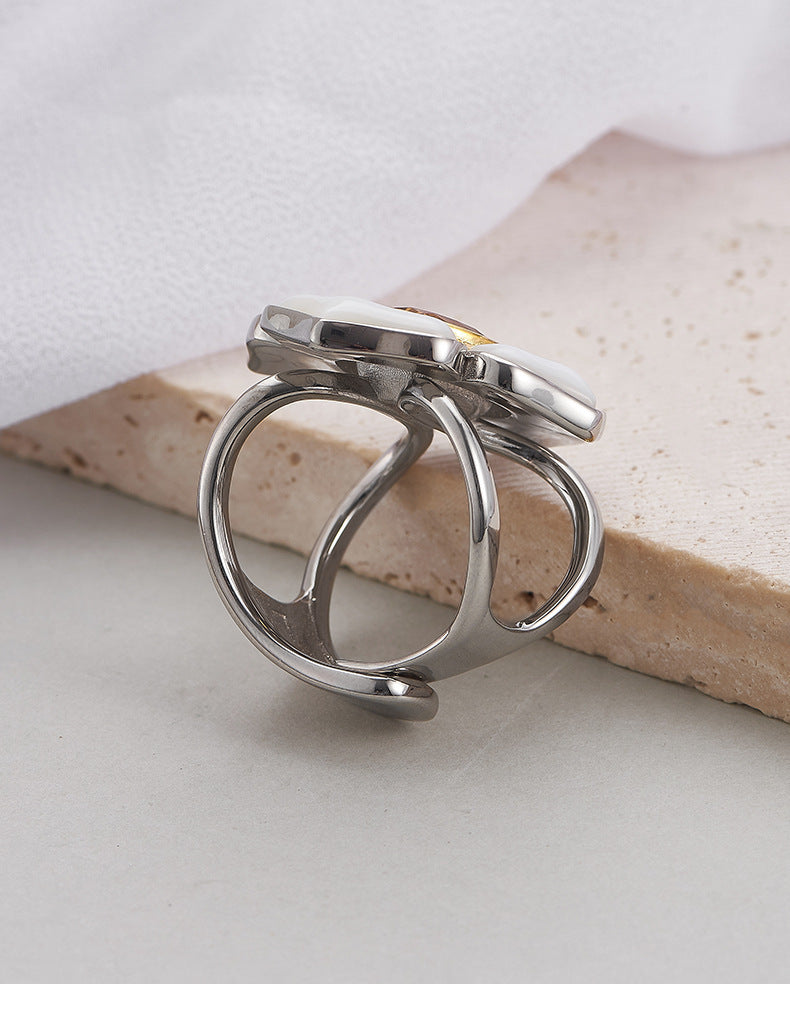 925 Sterling Silver White Shell Camellia Citrine Adjustable Ring