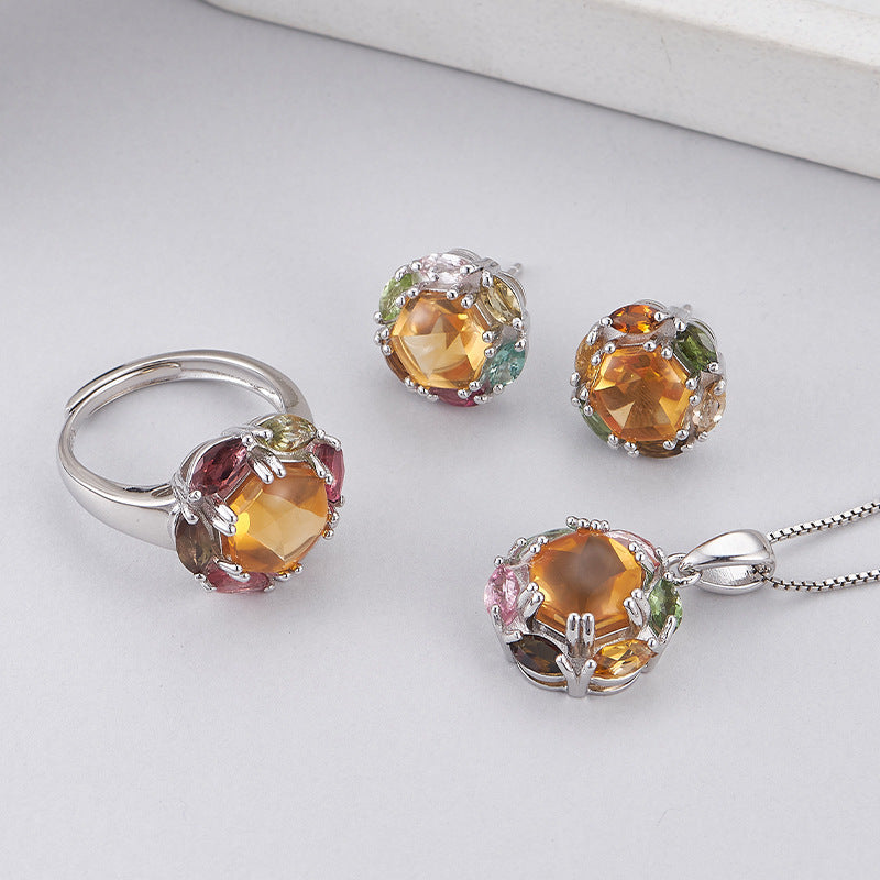 925 Sterling Silver Rainbow Tourmaline Flower Pendant Necklace