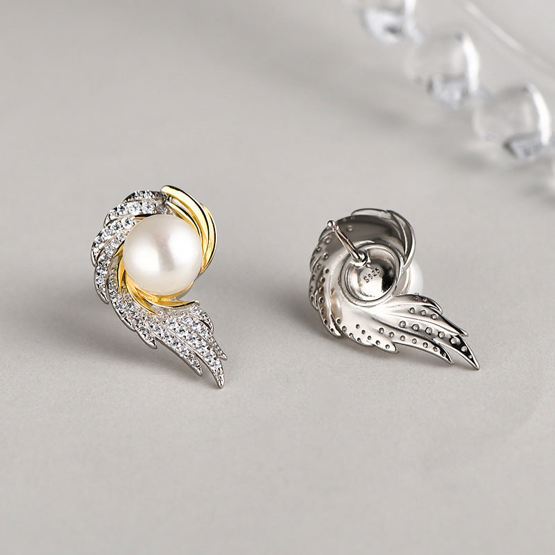 925 Sterling Silver Angel Wing Pearl Stud Earrings - French Vintage Design