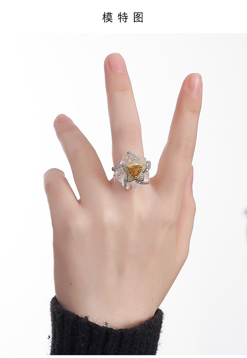 925 Sterling Silver White Crystal & Citrine Flower Ring