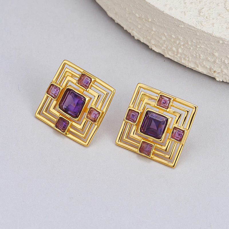 S925 silver natural amethyst stud earrings hollow rhombus high-end temperament versatile earrings light luxury