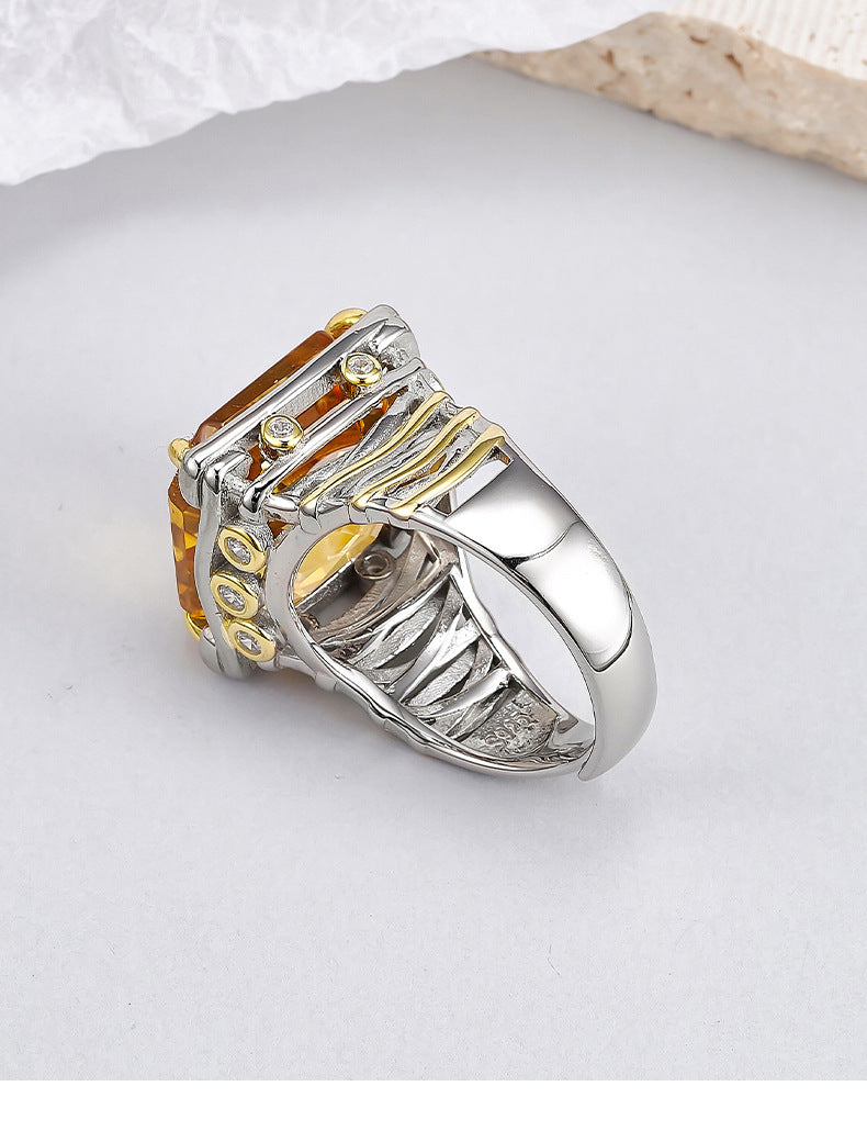 Square Citrine Ring - 925 Silver Italian Contrasting Color - Geometric Opening Ring