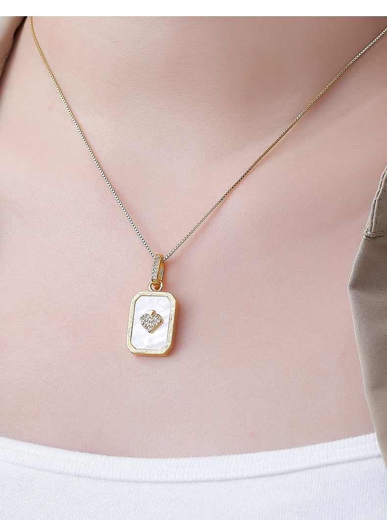 S925 silver-plated hemming inlaid shell pendant light luxury niche design playing card pendant collarbone necklace women
