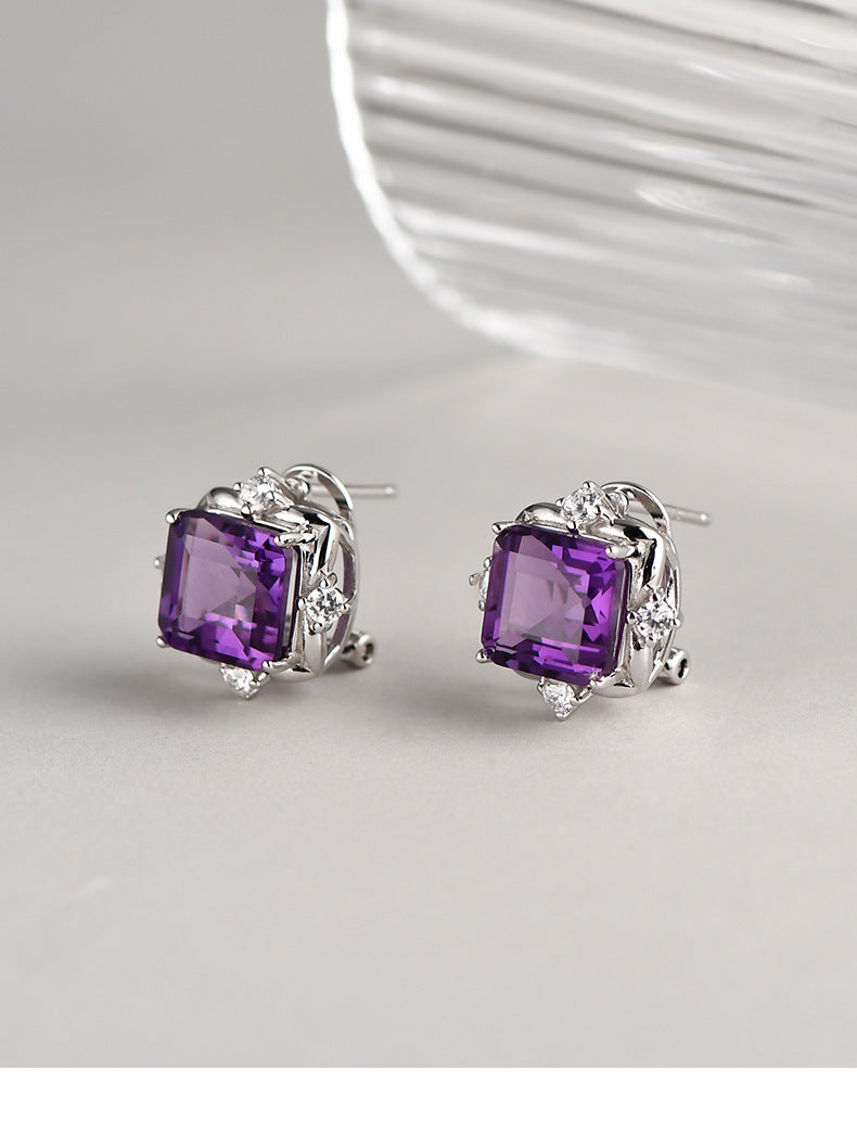 Square Amethyst Stud Earrings - 925 Sterling Silver Minimalist Cube Design