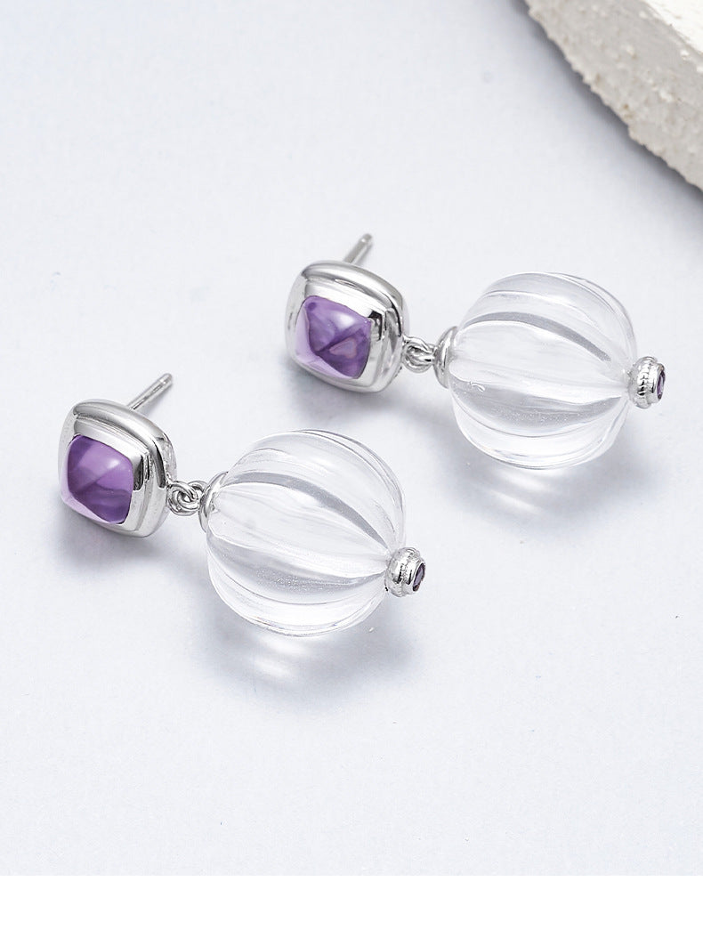 S925 silver rhombus hollow amethyst stud earrings pumpkin beads white crystal earrings simple niche design geometric set