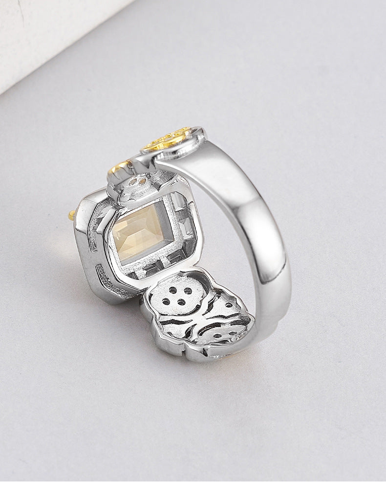 Hollow Flower Citrine Ring - 925 Silver Italian Craft - Geometric Opening Index Finger Ring