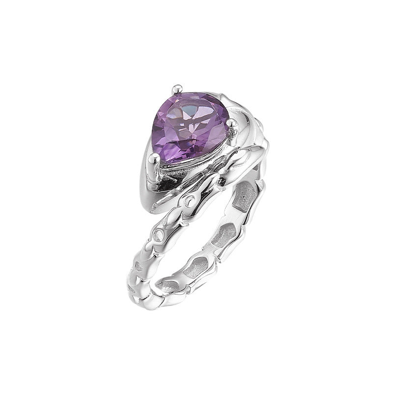 Serpent Amethyst Ring - 925 Sterling Silver Adjustable Band with Teardrop Stone