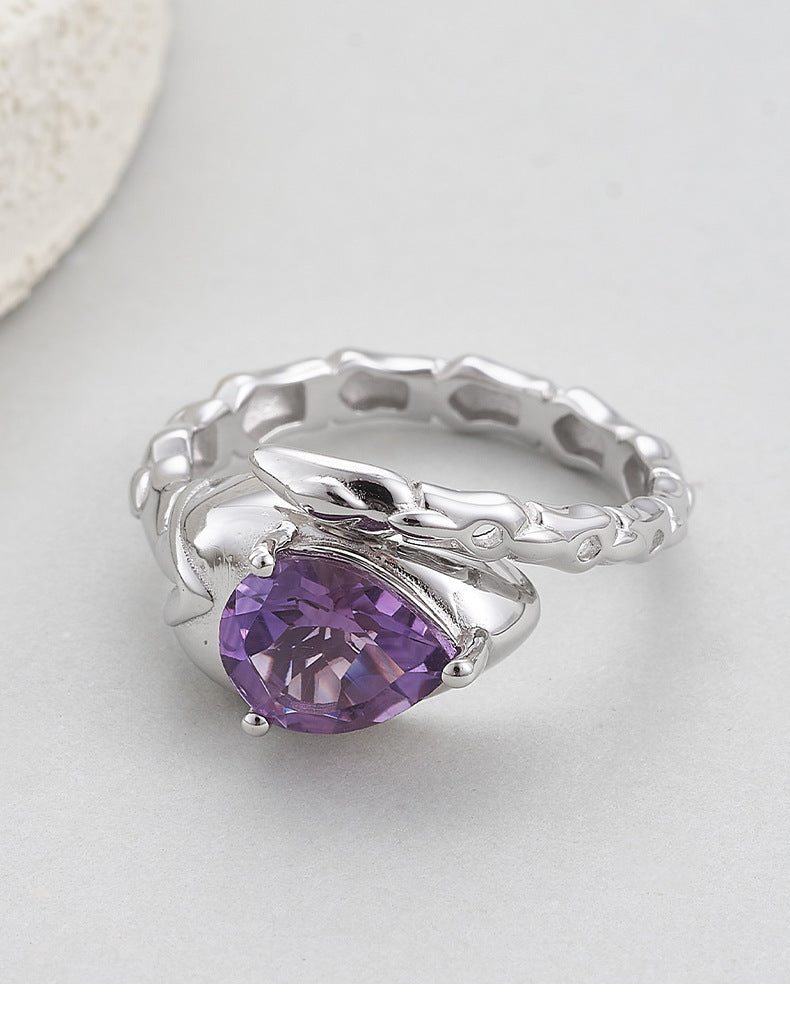 Serpent Amethyst Ring - 925 Sterling Silver Adjustable Band with Teardrop Stone