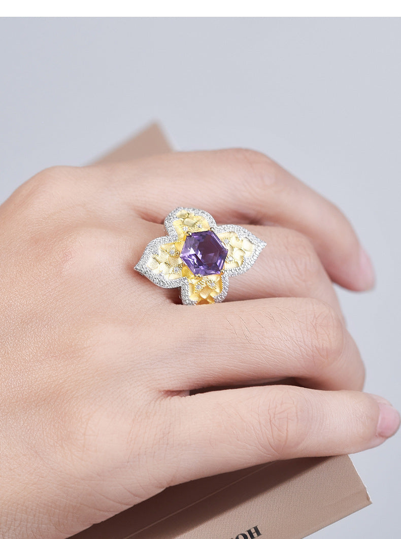 925 Sterling Silver Italian Faceted Amethyst Flower Open Ring