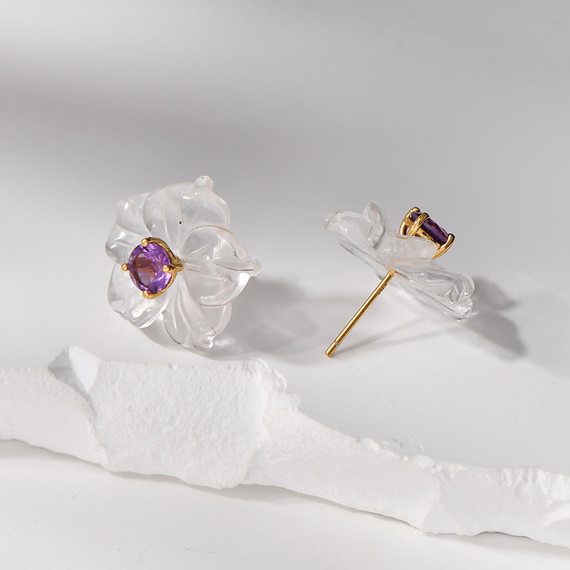 3D Flower Crystal Stud Earrings - 925 Silver Inlaid - Simple Temperament Fresh Design